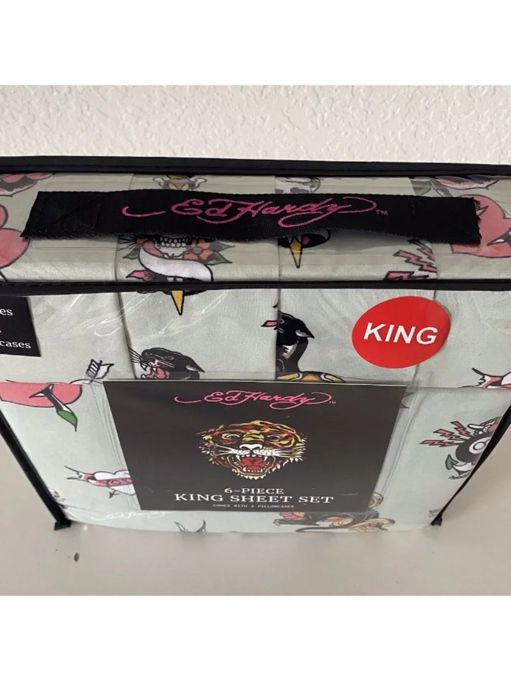 6 Piece Ed Hardy KING Size Sheet Set Green Logo Panther Snake Hearts Roses NEW